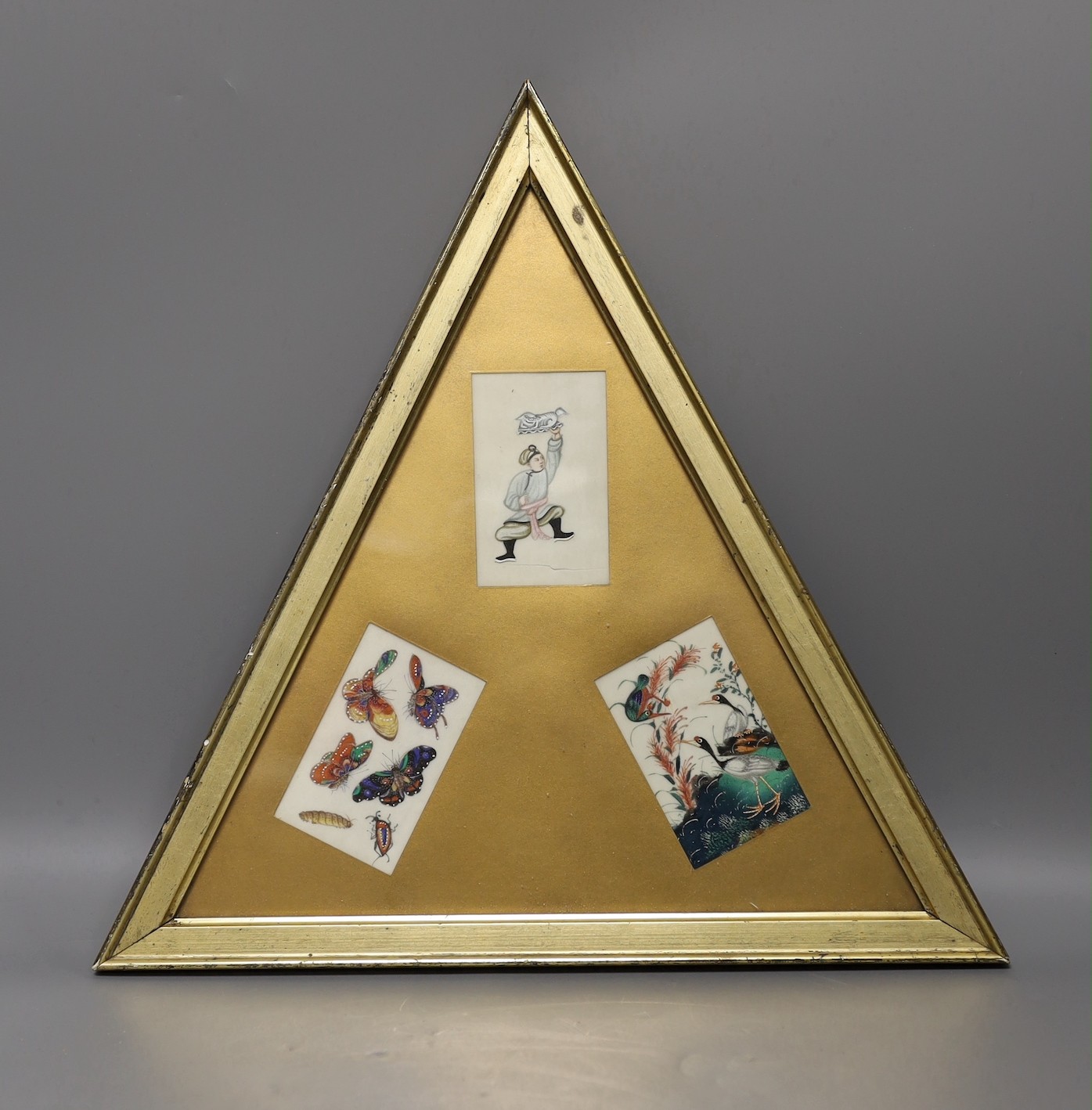 Three 20th century Chinese school pith paintings, framed as one, 9 x 5.5cm each